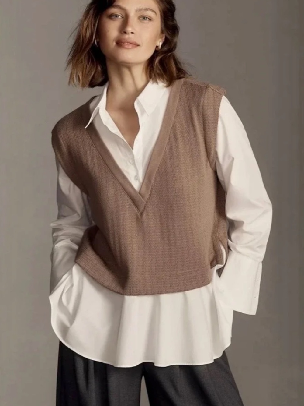 By ANTHROPOLOGIE Twofer Sweater Vest Shirt Blouse Layered Brown‎